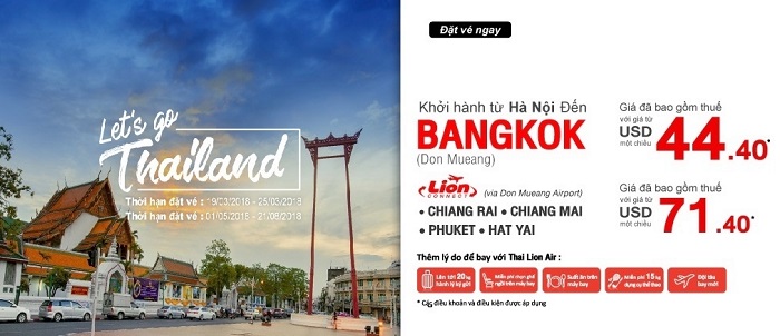 Thai Lion Air khuyến mãi giá vé chỉ từ 44 USD đi Bangkok